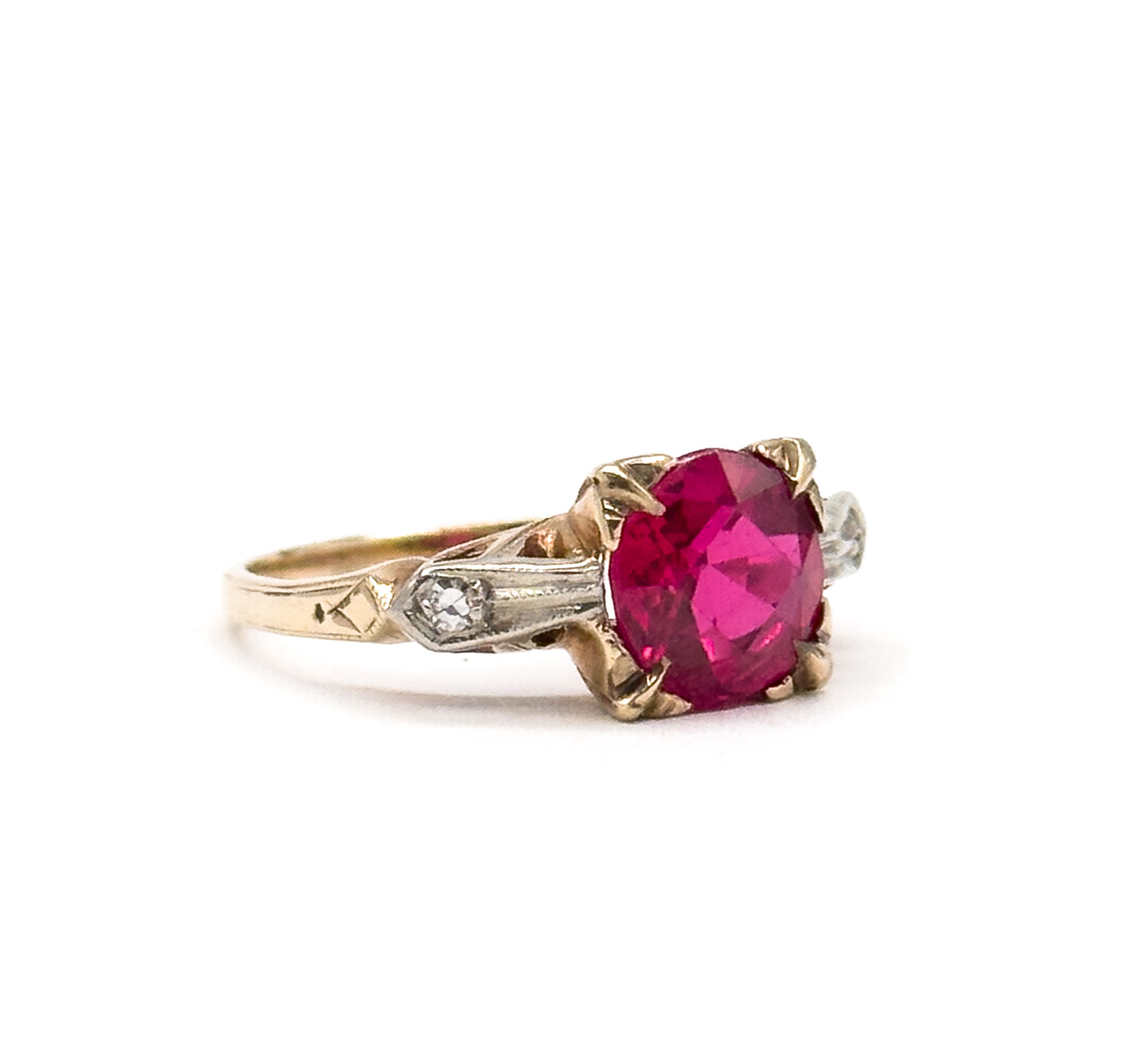 1940s Created Ruby & Diamond Ring in Two Tone Gold