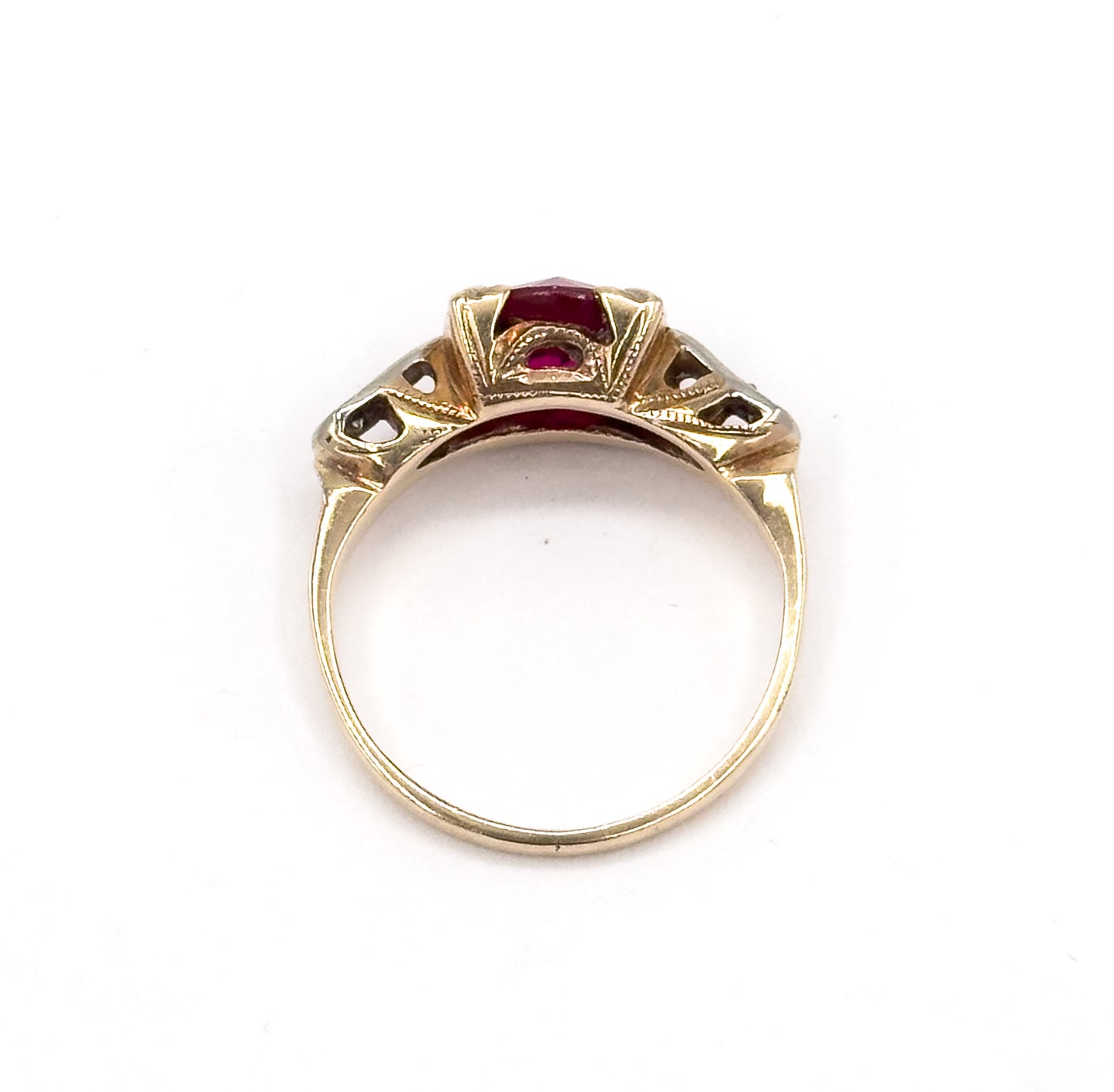 1940s Created Ruby & Diamond Ring in Two Tone Gold