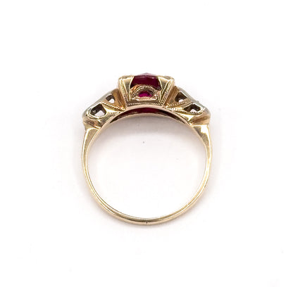 1940s Created Ruby & Diamond Ring in Two Tone Gold