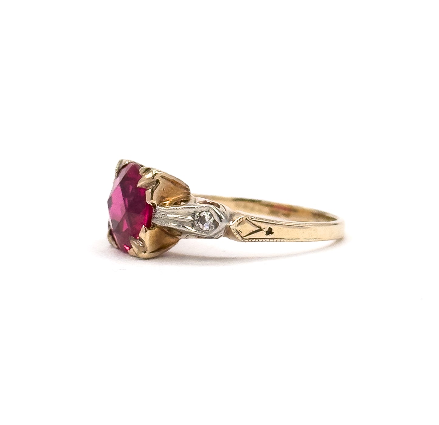 1940s Created Ruby & Diamond Ring in Two Tone Gold