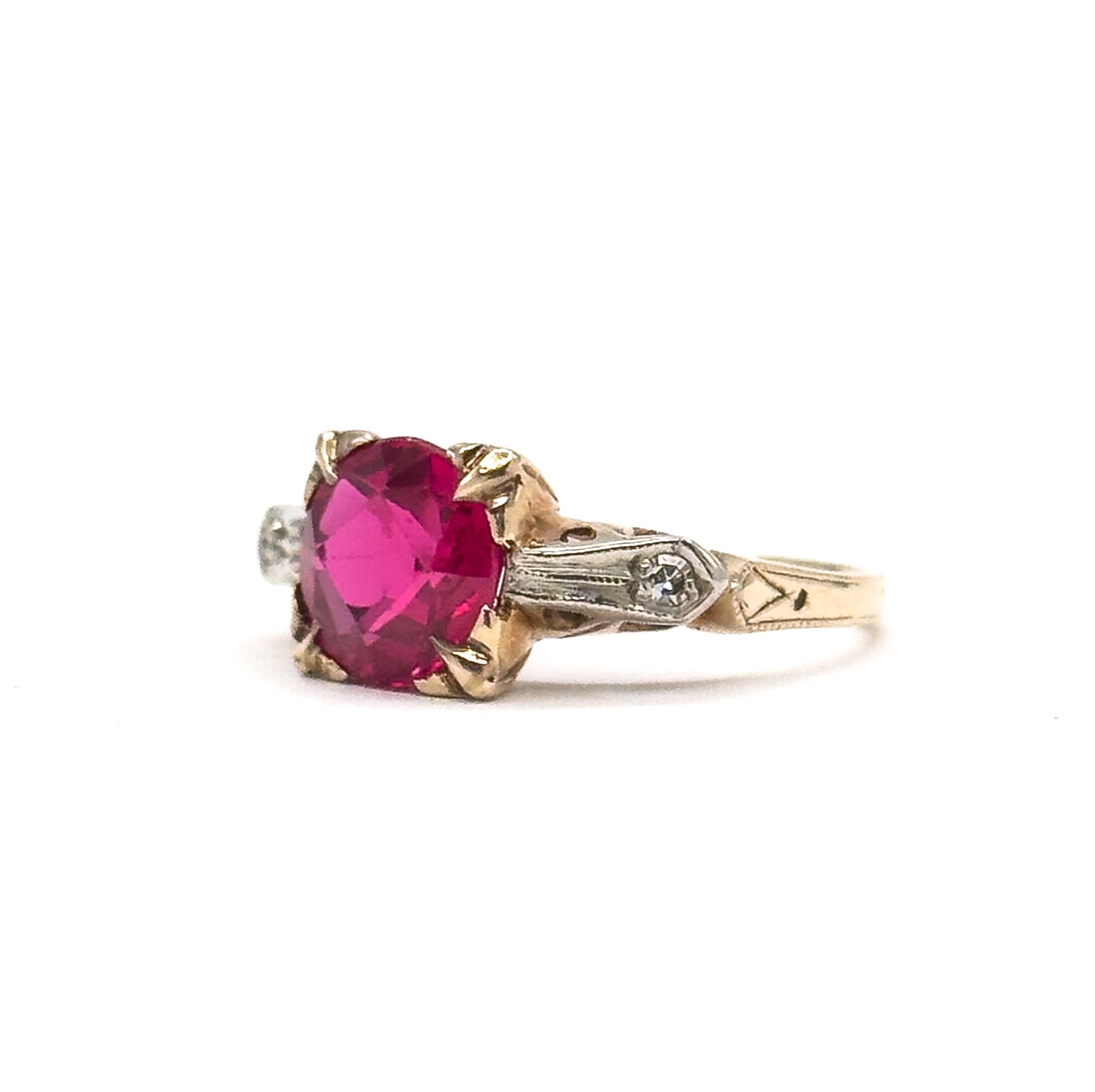 1940s Created Ruby & Diamond Ring in Two Tone Gold