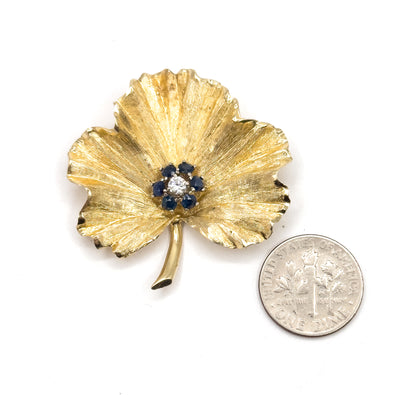 Mid Century Diamond & Sapphire Geranium Leaf Brooch in Gold
