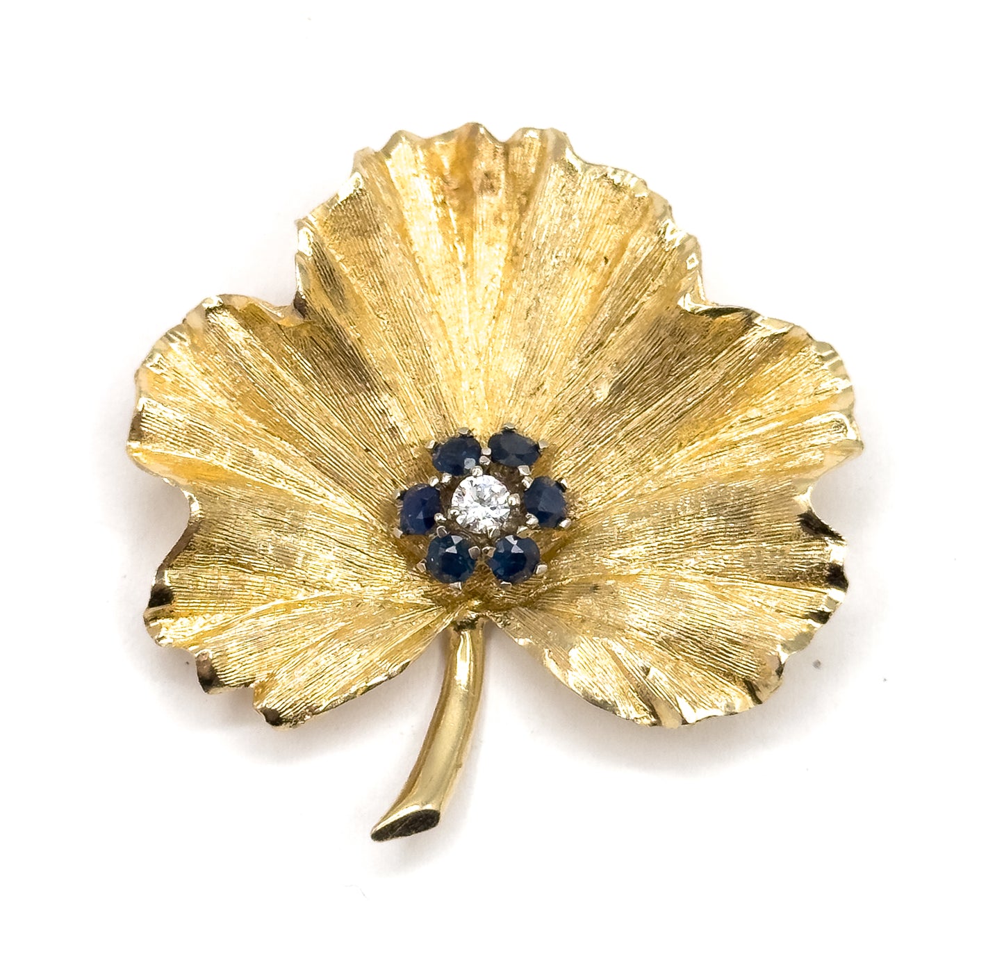 Mid Century Diamond & Sapphire Geranium Leaf Brooch in Gold