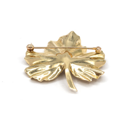 Mid Century Diamond & Sapphire Geranium Leaf Brooch in Gold