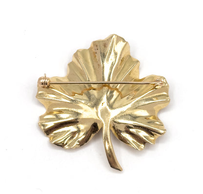 Mid Century Diamond & Sapphire Geranium Leaf Brooch in Gold
