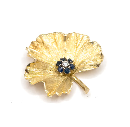 Mid Century Diamond & Sapphire Geranium Leaf Brooch in Gold