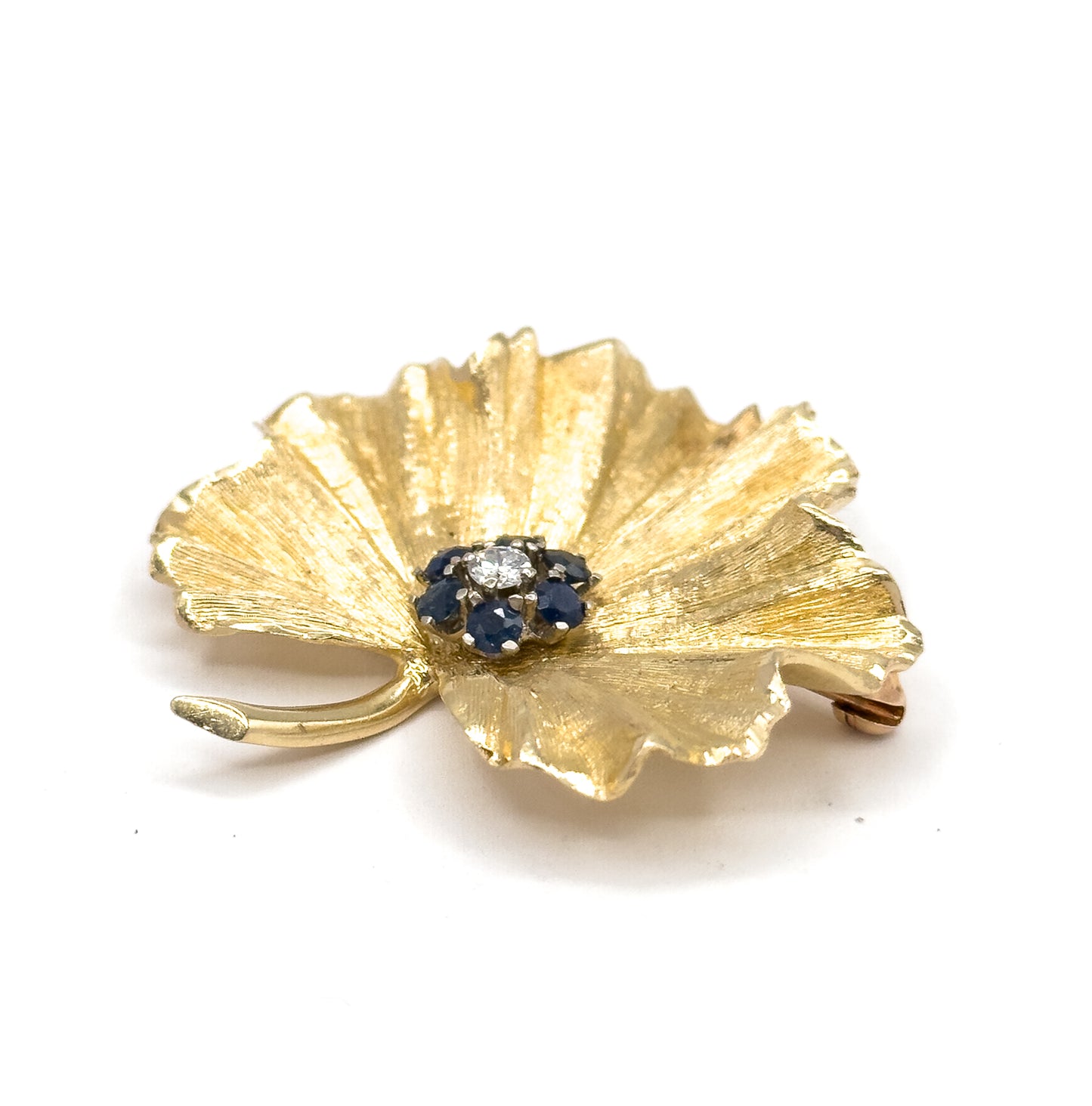 Mid Century Diamond & Sapphire Geranium Leaf Brooch in Gold