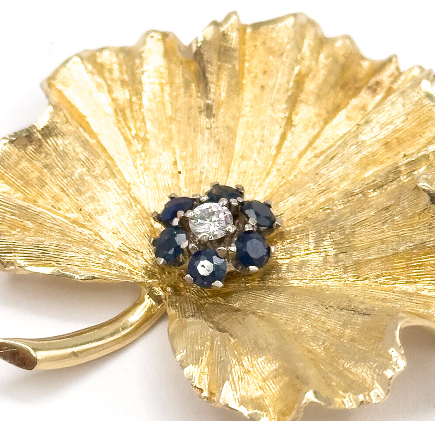 Mid Century Diamond & Sapphire Geranium Leaf Brooch in Gold
