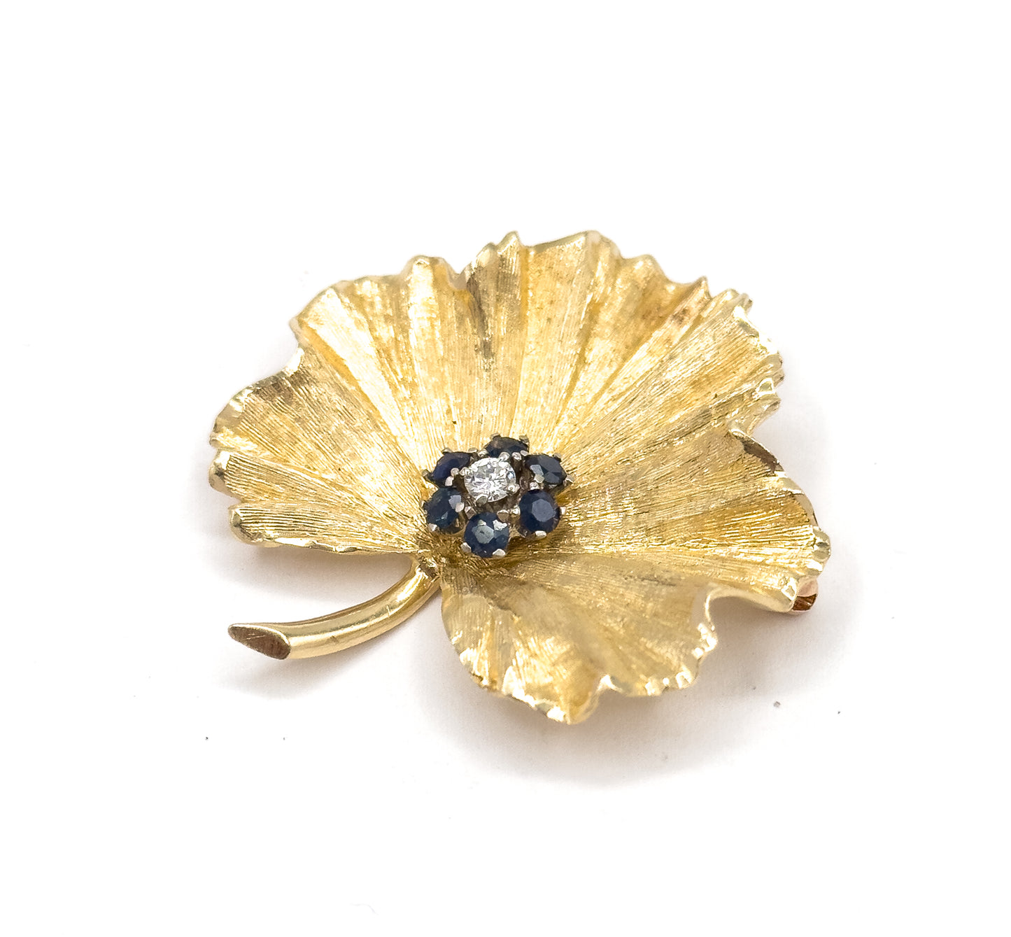 Mid Century Diamond & Sapphire Geranium Leaf Brooch in Gold