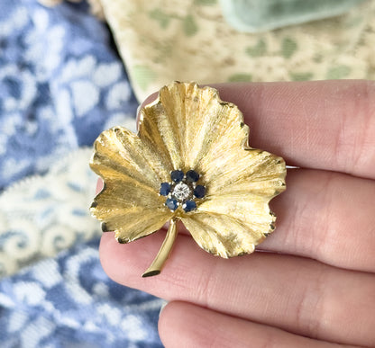Mid Century Diamond & Sapphire Geranium Leaf Brooch in Gold