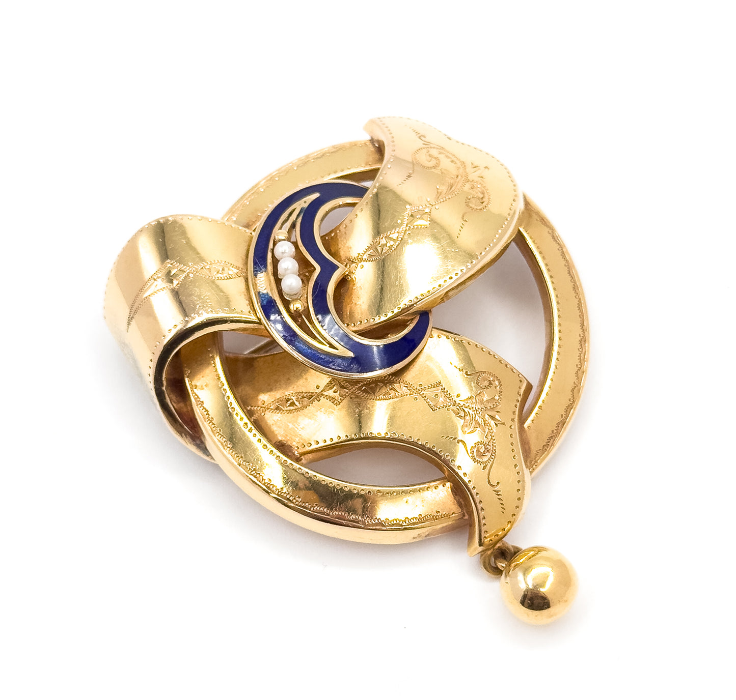 Gustav Dahlgren & Co Swedish Victorian Brooch with Seed Pearls and blue enamel in 18K Gold