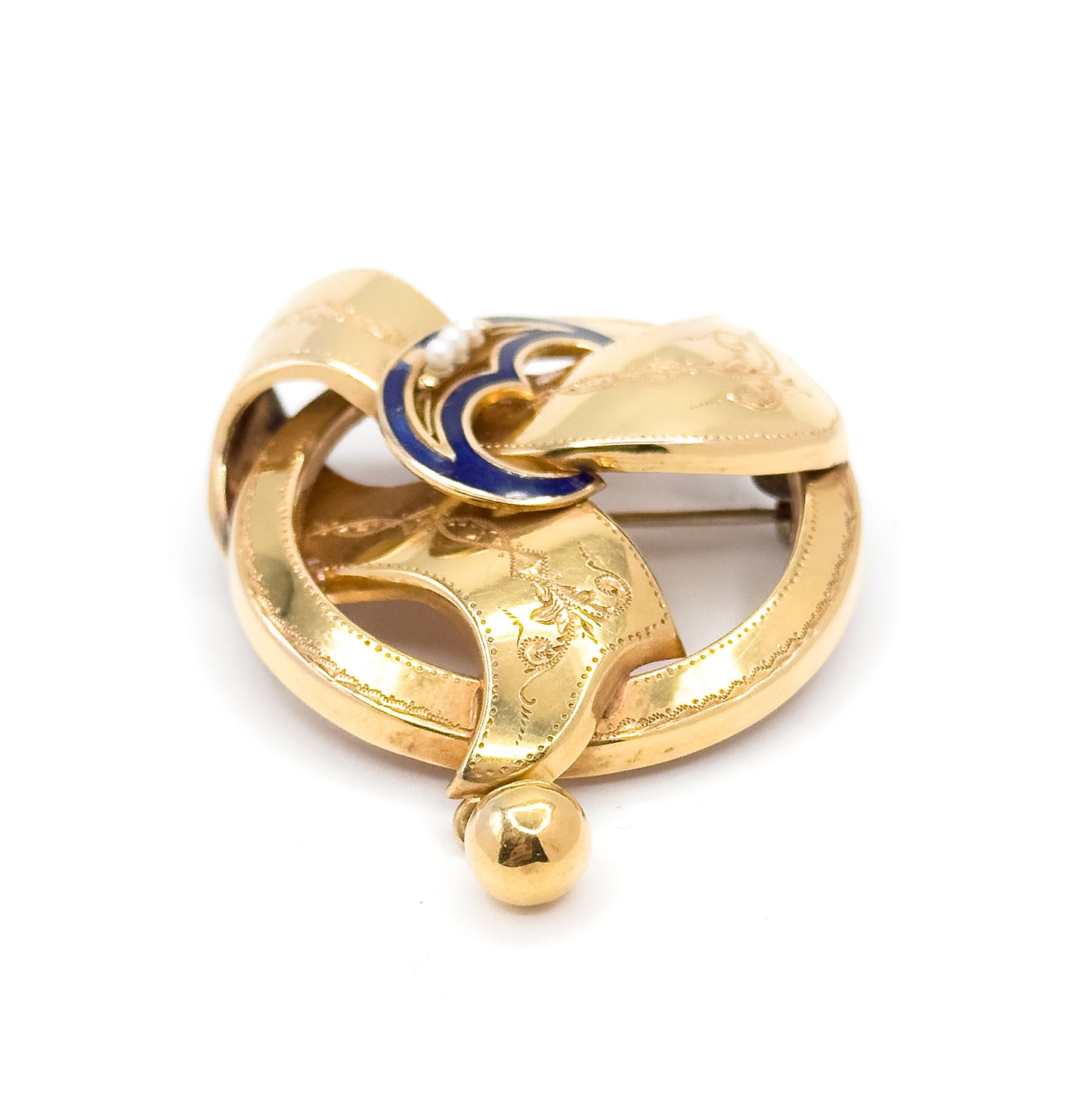 Gustav Dahlgren & Co Swedish Victorian Brooch with Seed Pearls and blue enamel in 18K Gold