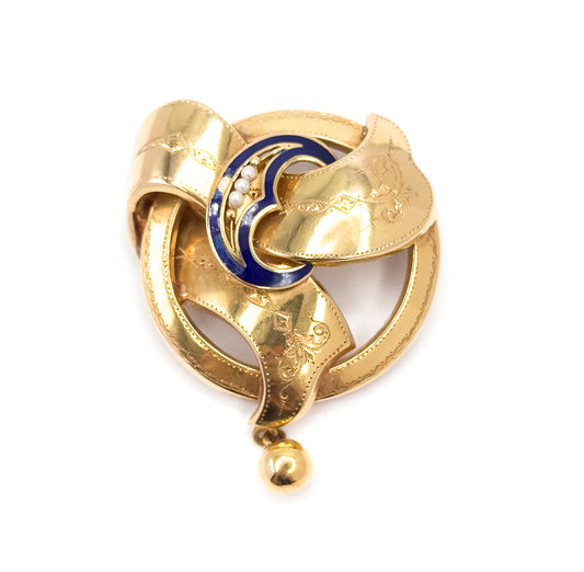 Gustav Dahlgren & Co Swedish Victorian Brooch with Seed Pearls and blue enamel in 18K Gold
