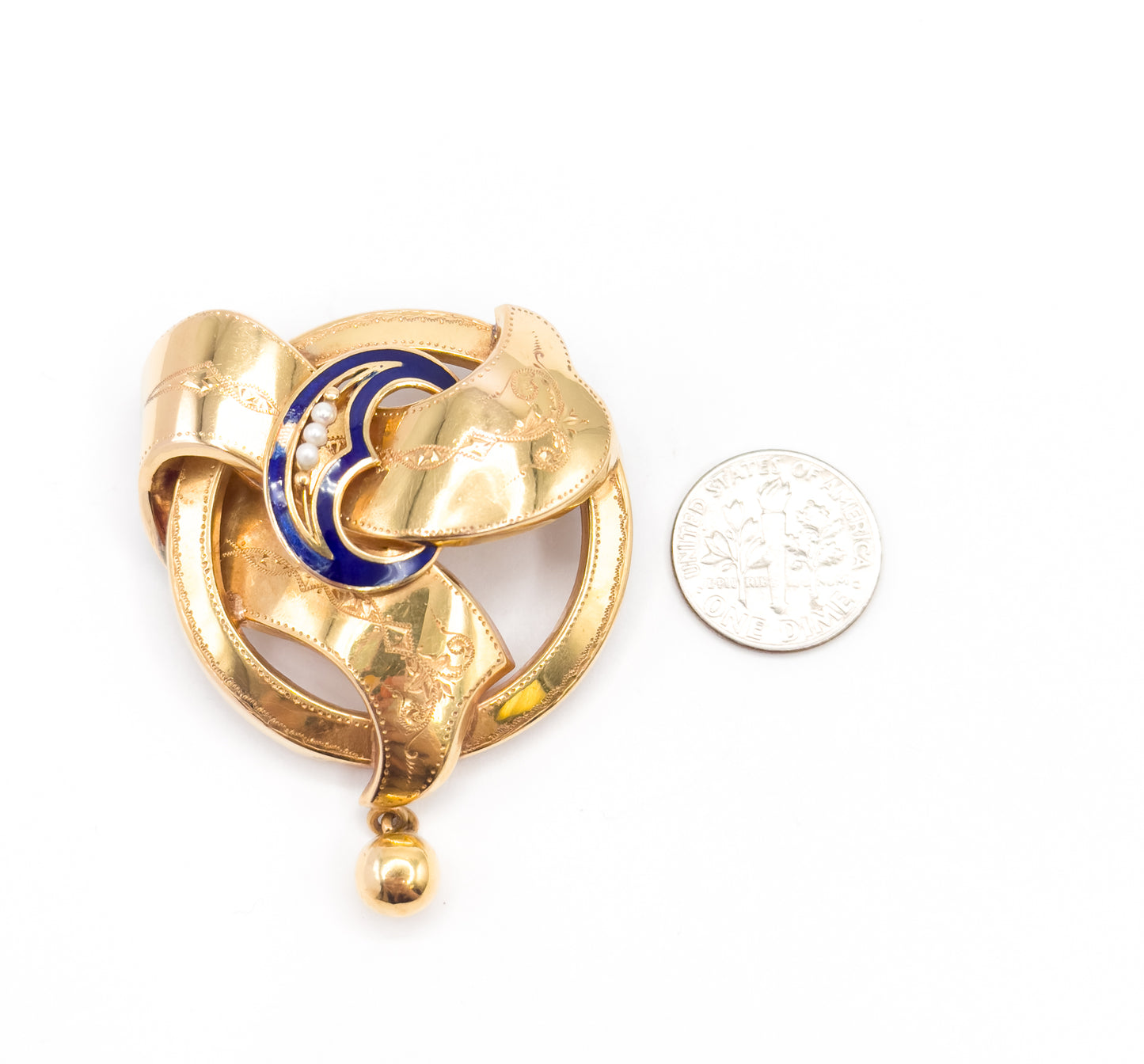 Gustav Dahlgren & Co Swedish Victorian Brooch with Seed Pearls and blue enamel in 18K Gold