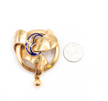 Gustav Dahlgren & Co Swedish Victorian Brooch with Seed Pearls and blue enamel in 18K Gold