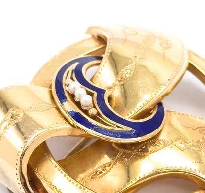 Gustav Dahlgren & Co Swedish Victorian Brooch with Seed Pearls and blue enamel in 18K Gold