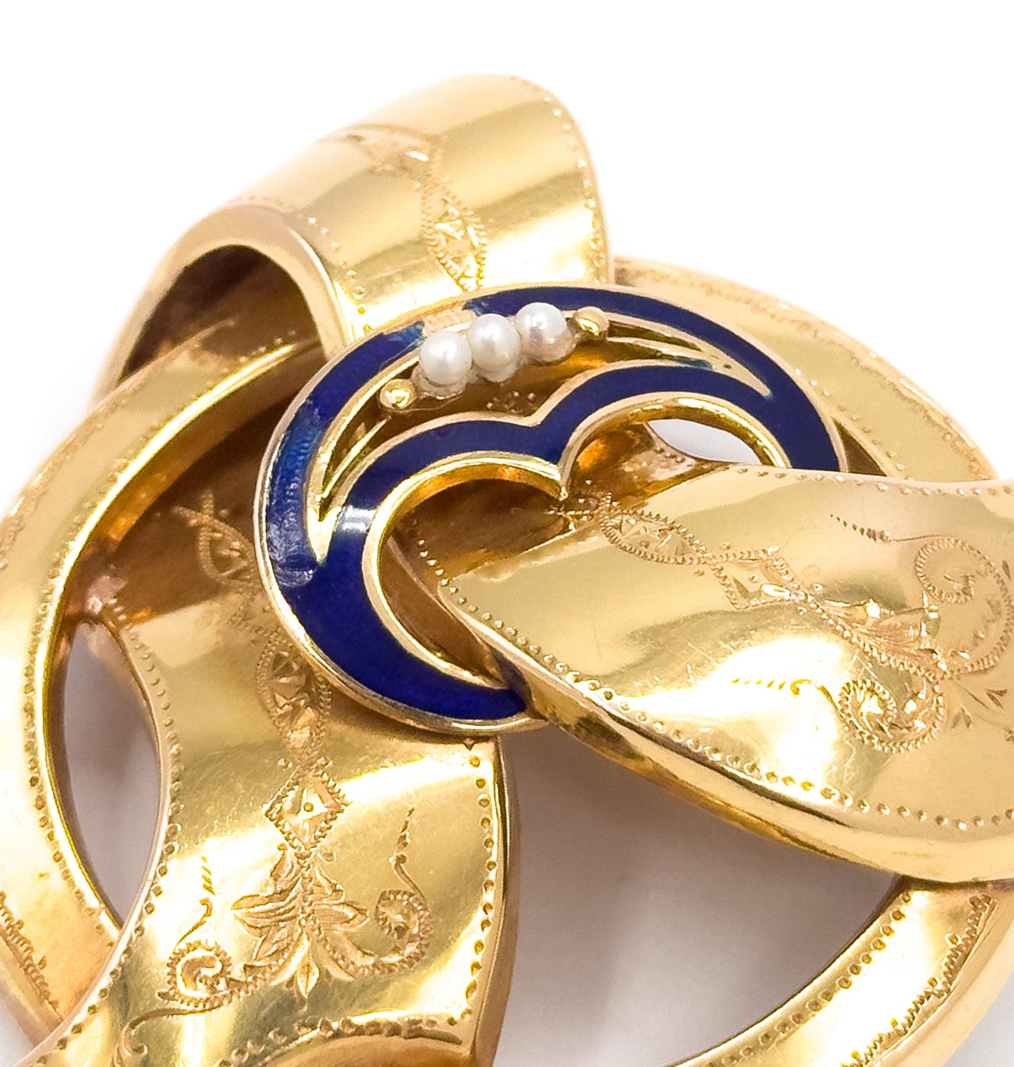 Gustav Dahlgren & Co Swedish Victorian Brooch with Seed Pearls and blue enamel in 18K Gold