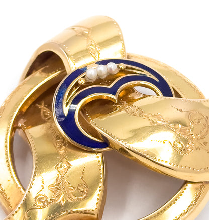 Gustav Dahlgren & Co Swedish Victorian Brooch with Seed Pearls and blue enamel in 18K Gold