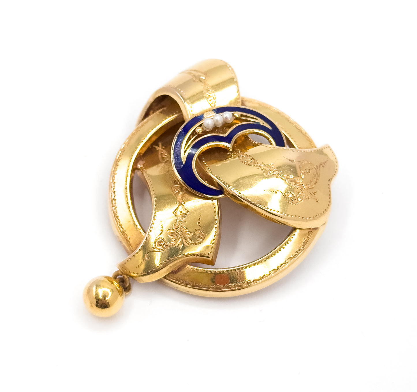 Gustav Dahlgren & Co Swedish Victorian Brooch with Seed Pearls and blue enamel in 18K Gold
