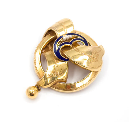 Gustav Dahlgren & Co Swedish Victorian Brooch with Seed Pearls and blue enamel in 18K Gold
