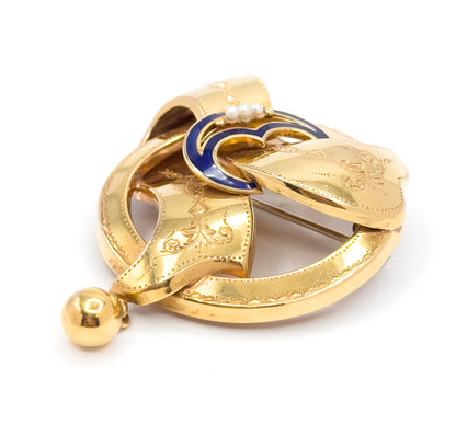Gustav Dahlgren & Co Swedish Victorian Brooch with Seed Pearls and blue enamel in 18K Gold