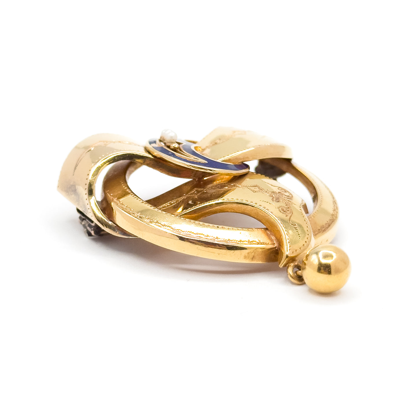 Gustav Dahlgren & Co Swedish Victorian Brooch with Seed Pearls and blue enamel in 18K Gold