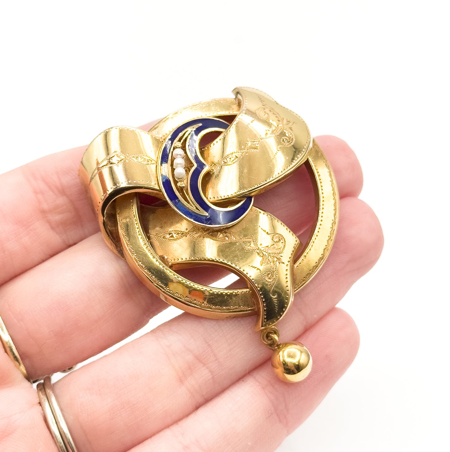 Gustav Dahlgren & Co Swedish Victorian Brooch with Seed Pearls and blue enamel in 18K Gold