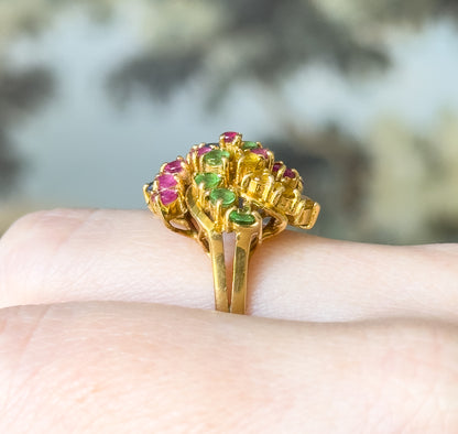 Mid-Century Multi Stone Pinwheel cocktail ring in 18K Gold