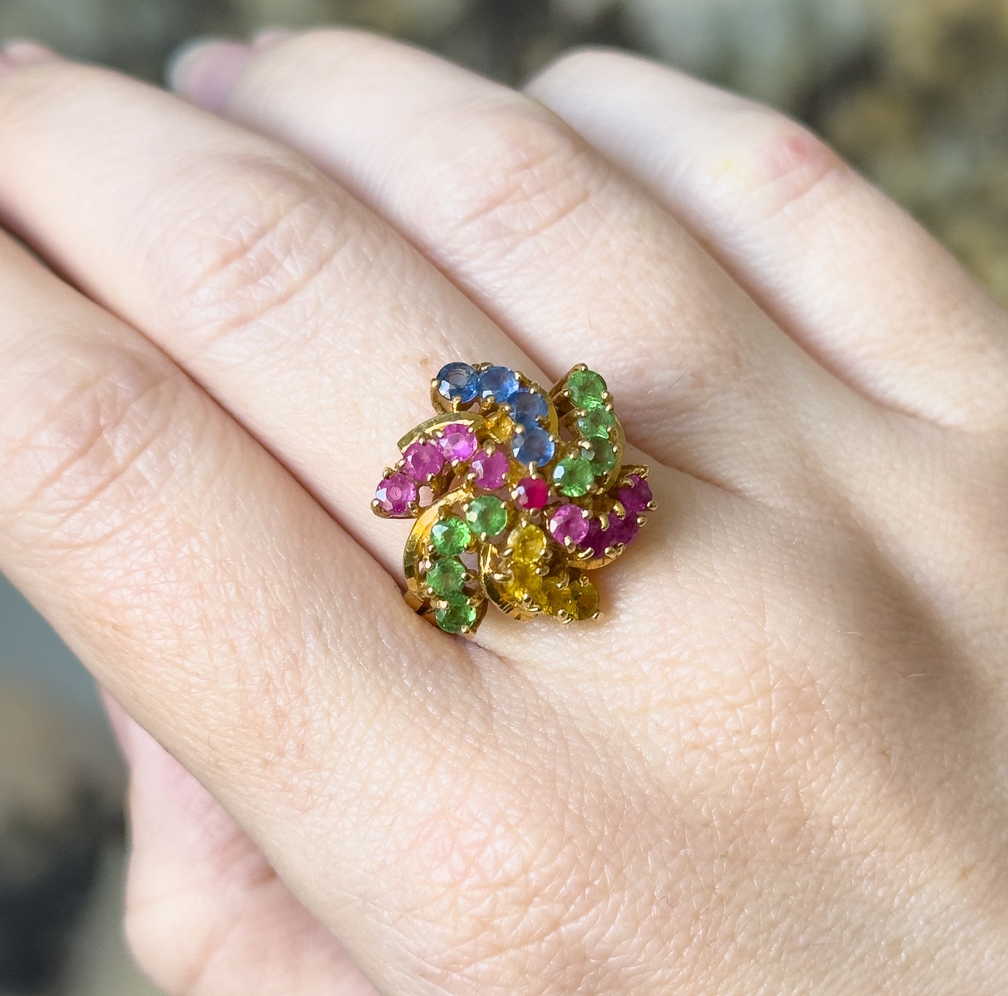 Mid-Century Multi Stone Pinwheel cocktail ring in 18K Gold