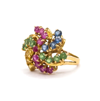 Mid-Century Multi Stone Pinwheel cocktail ring in 18K Gold