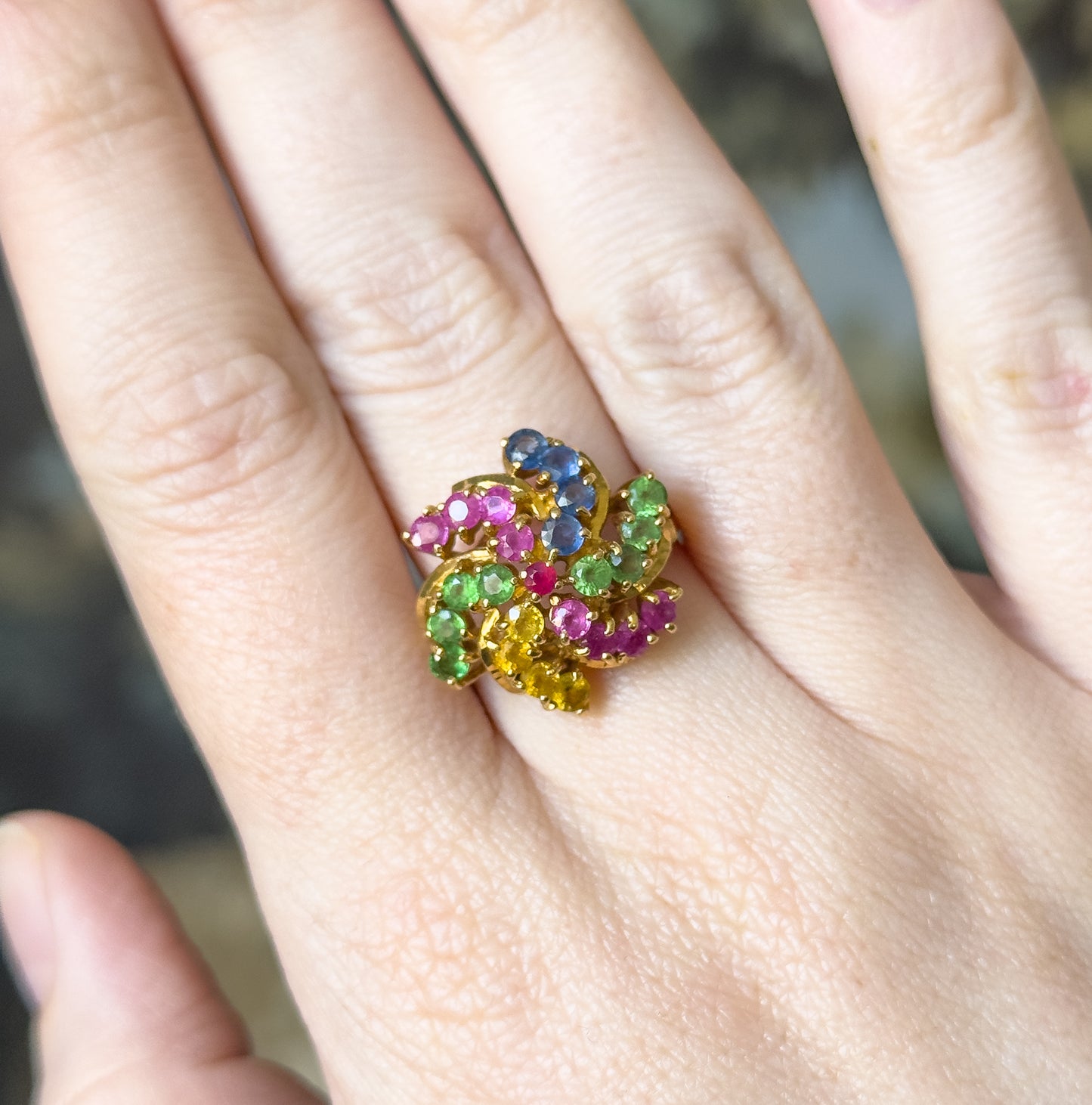 Mid-Century Multi Stone Pinwheel cocktail ring in 18K Gold