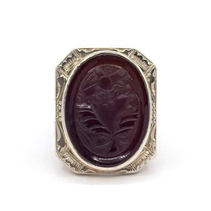 HUGE Art Deco Flapper Cameo Ring in 14K White Gold