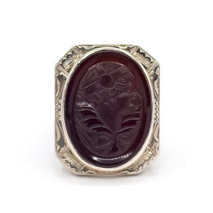 HUGE Art Deco Flapper Cameo Ring in 14K White Gold