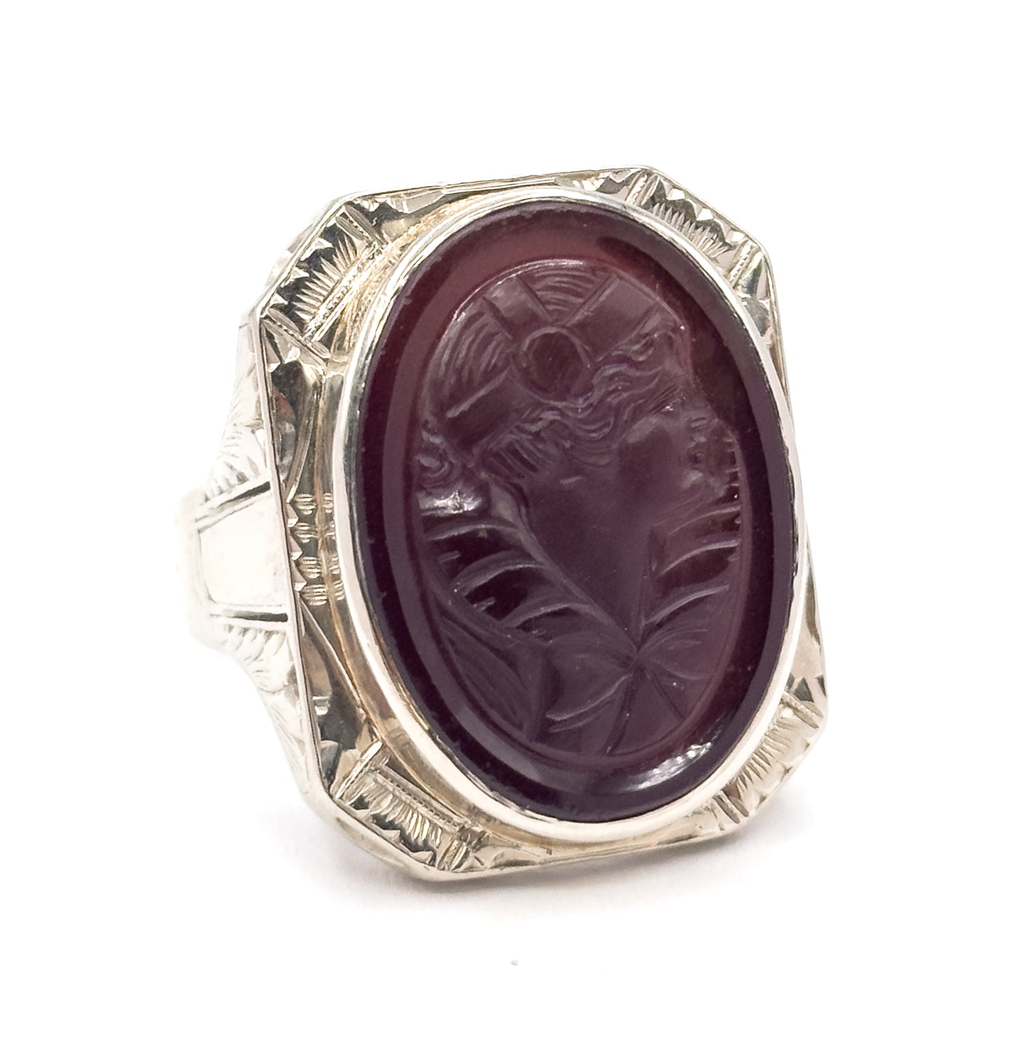HUGE Art Deco Flapper Cameo Ring in 14K White Gold