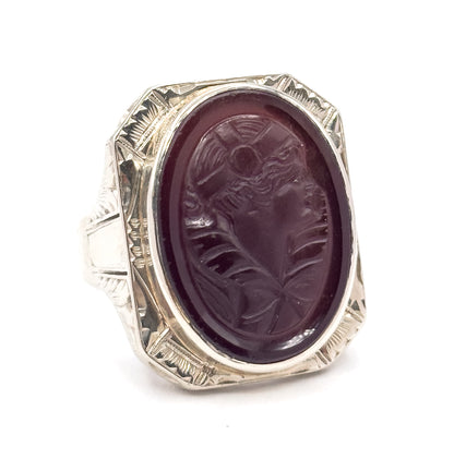 HUGE Art Deco Flapper Cameo Ring in 14K White Gold