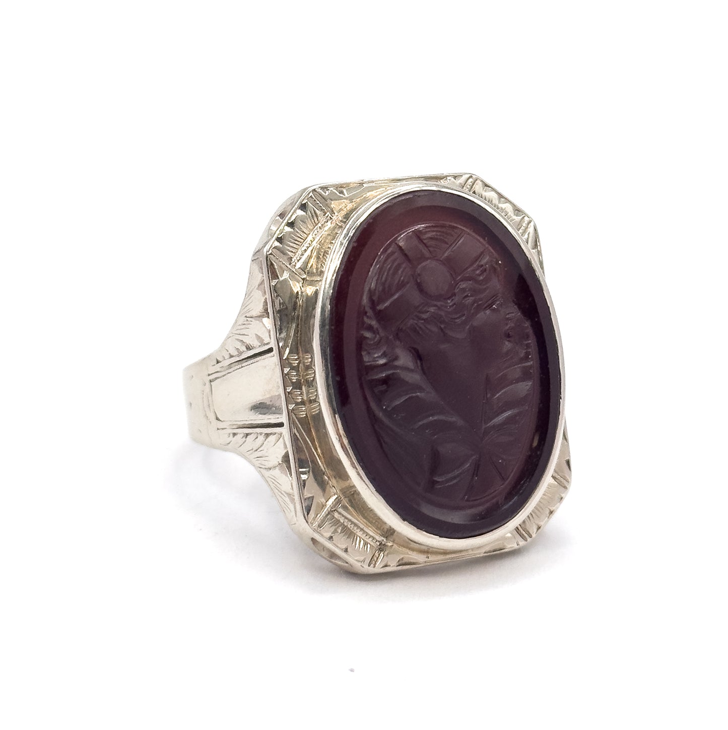 HUGE Art Deco Flapper Cameo Ring in 14K White Gold
