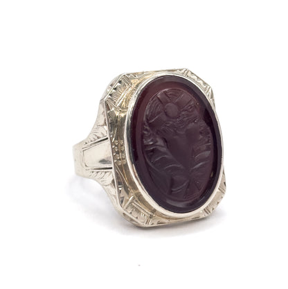 HUGE Art Deco Flapper Cameo Ring in 14K White Gold