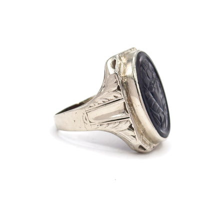 HUGE Art Deco Flapper Cameo Ring in 14K White Gold