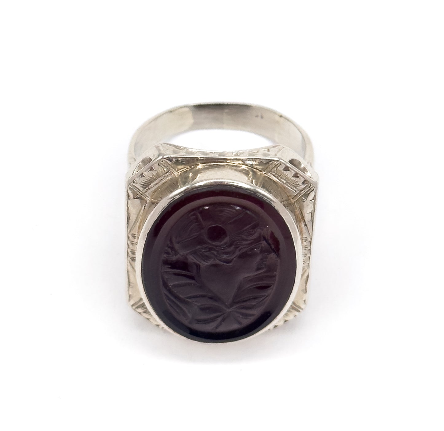 HUGE Art Deco Flapper Cameo Ring in 14K White Gold