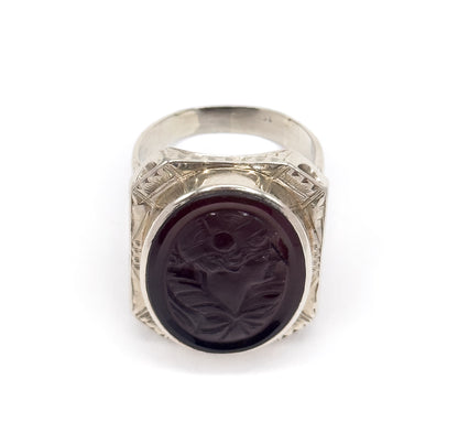 HUGE Art Deco Flapper Cameo Ring in 14K White Gold