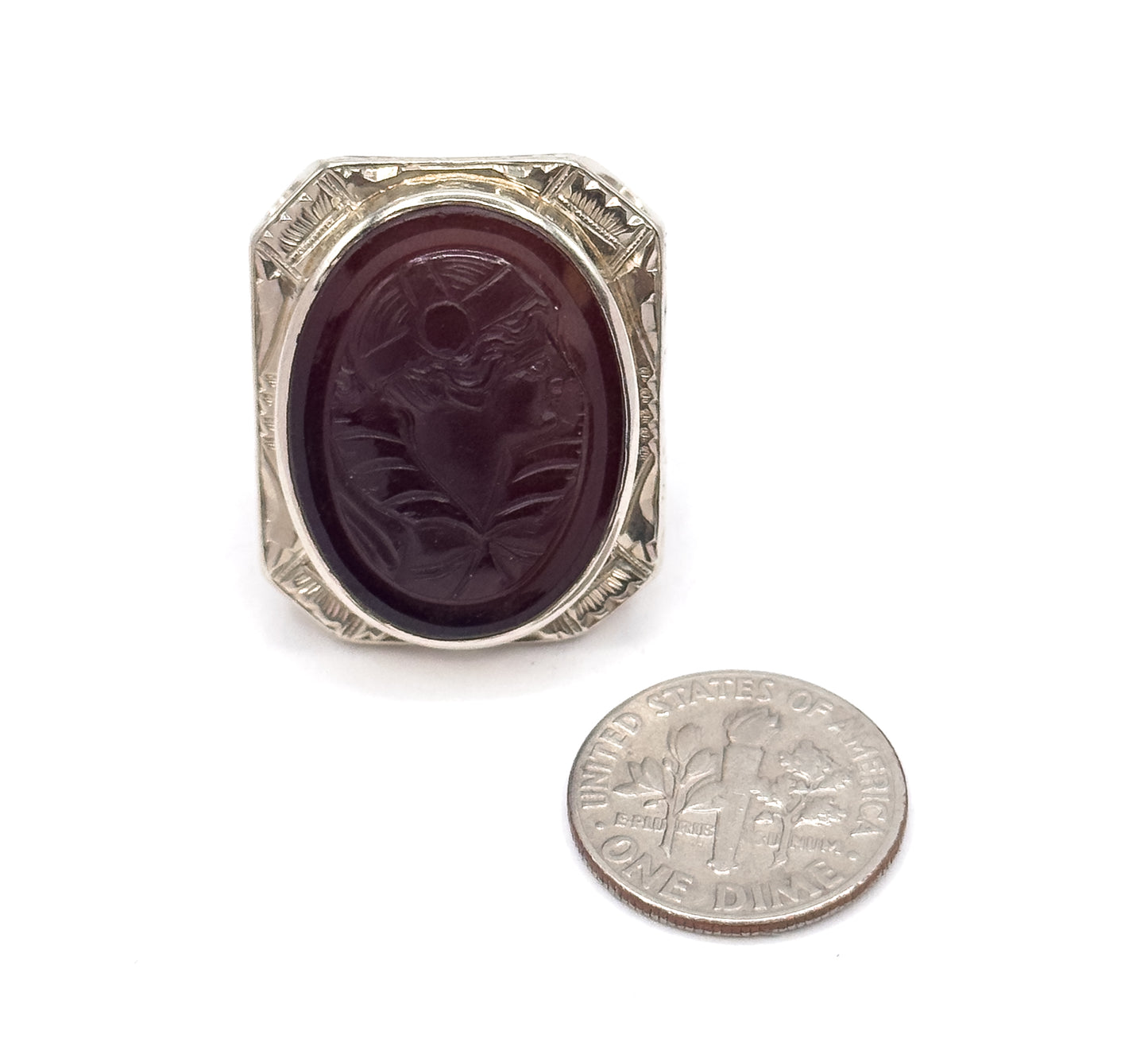 HUGE Art Deco Flapper Cameo Ring in 14K White Gold