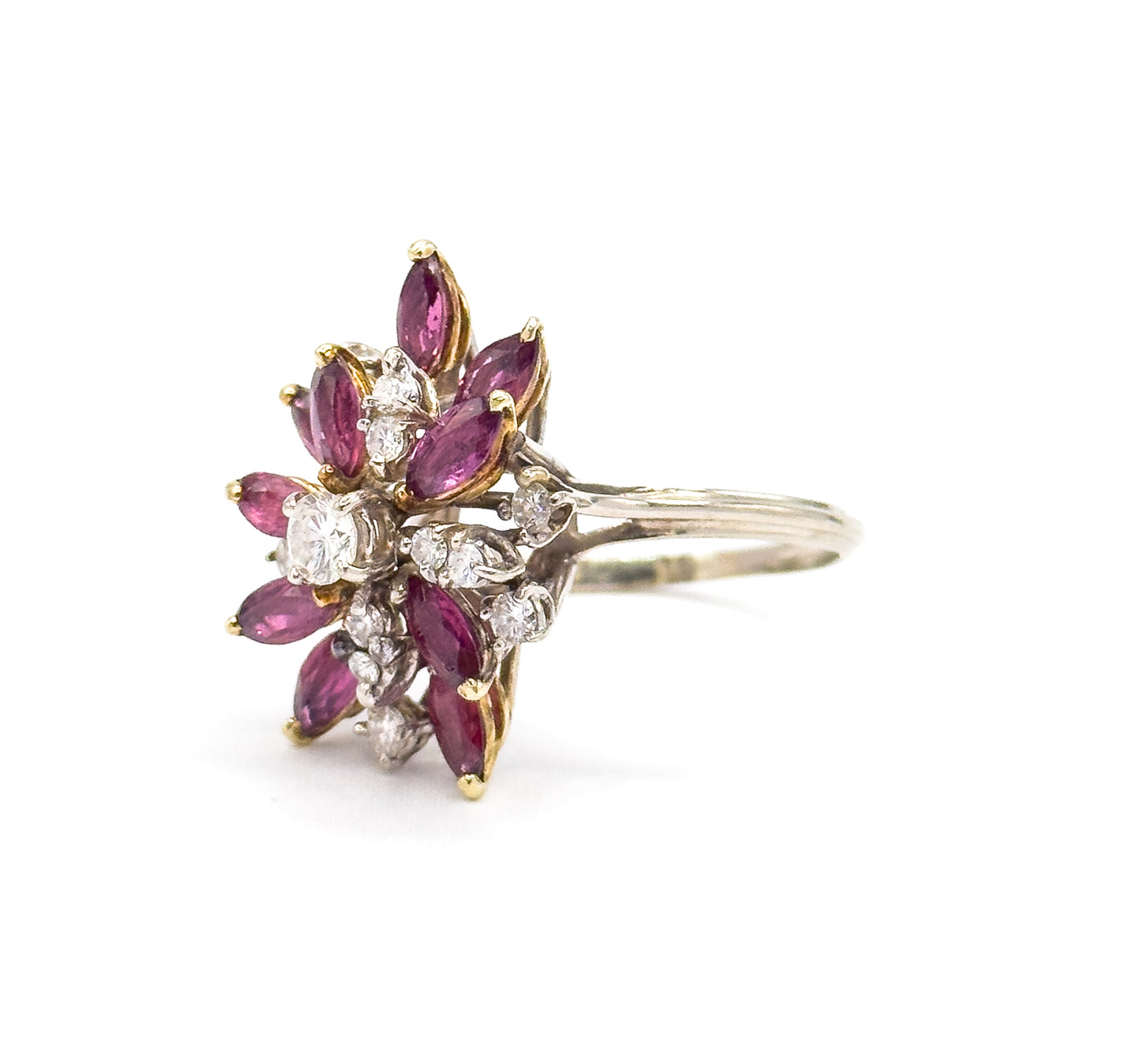 Mid-Century Marquise Ruby & Diamond Cocktail Ring in 14K Gold