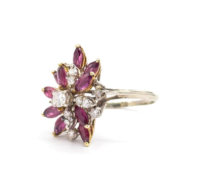 Mid-Century Marquise Ruby & Diamond Cocktail Ring in 14K Gold