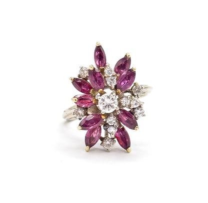 Mid-Century Marquise Ruby & Diamond Cocktail Ring in 14K Gold