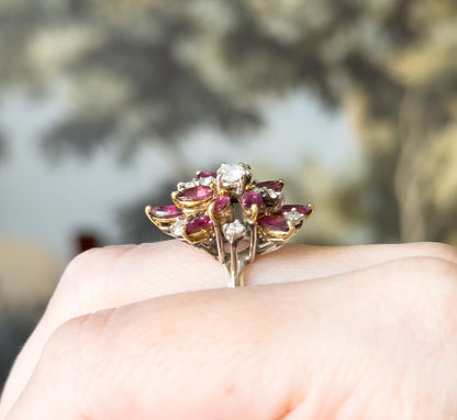 Mid-Century Marquise Ruby & Diamond Cocktail Ring in 14K Gold