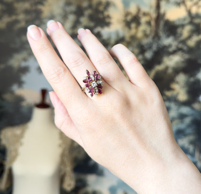 Mid-Century Marquise Ruby & Diamond Cocktail Ring in 14K Gold