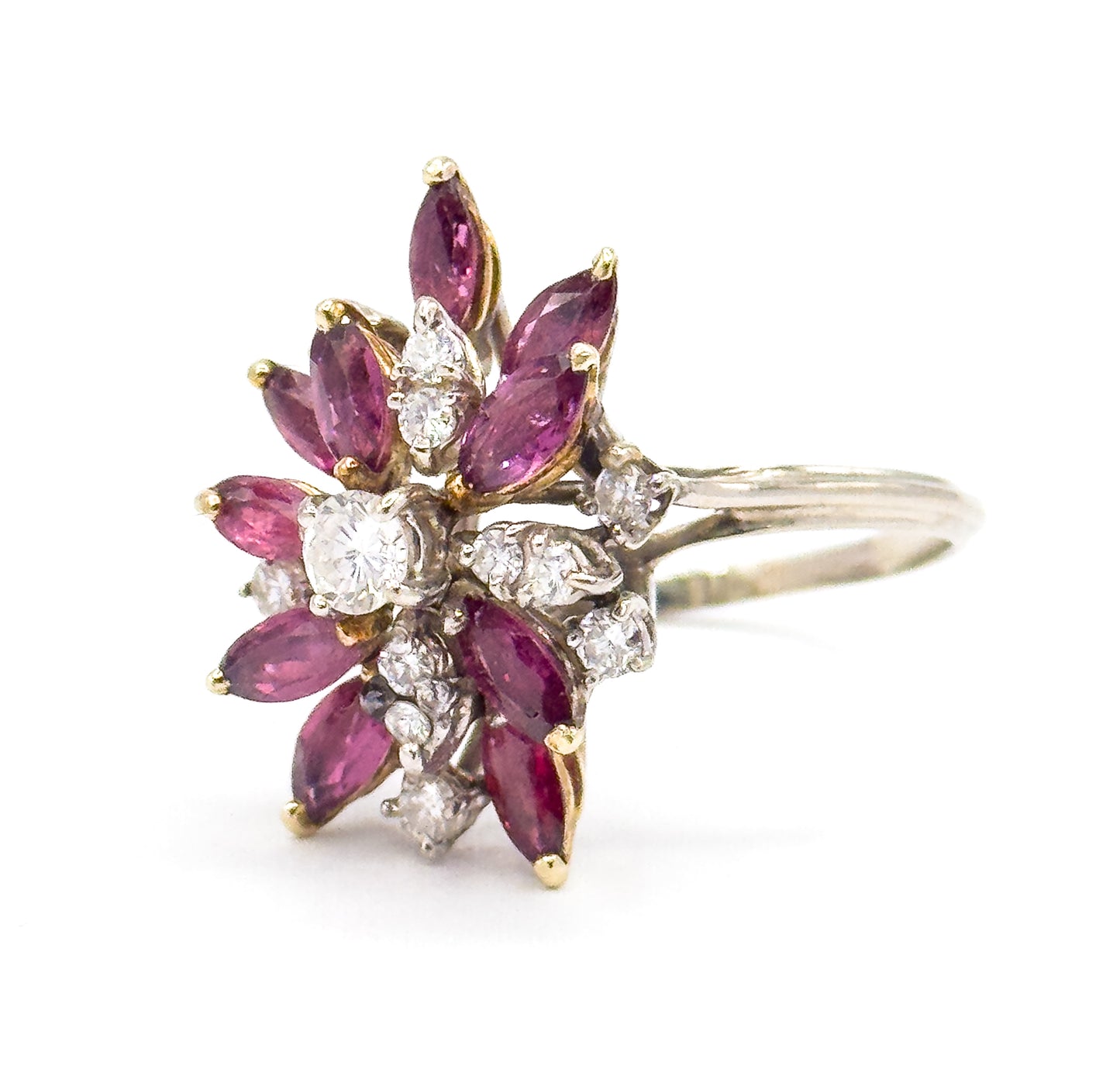 Mid-Century Marquise Ruby & Diamond Cocktail Ring in 14K Gold