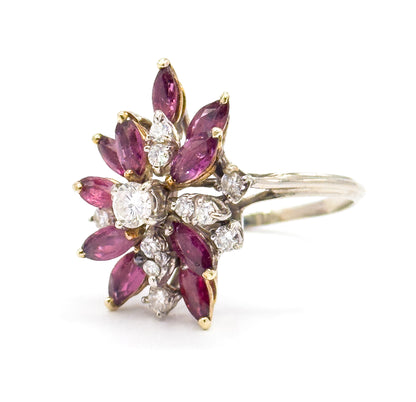 Mid-Century Marquise Ruby & Diamond Cocktail Ring in 14K Gold