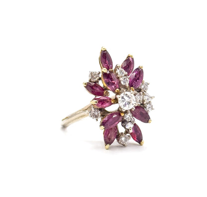 Mid-Century Marquise Ruby & Diamond Cocktail Ring in 14K Gold