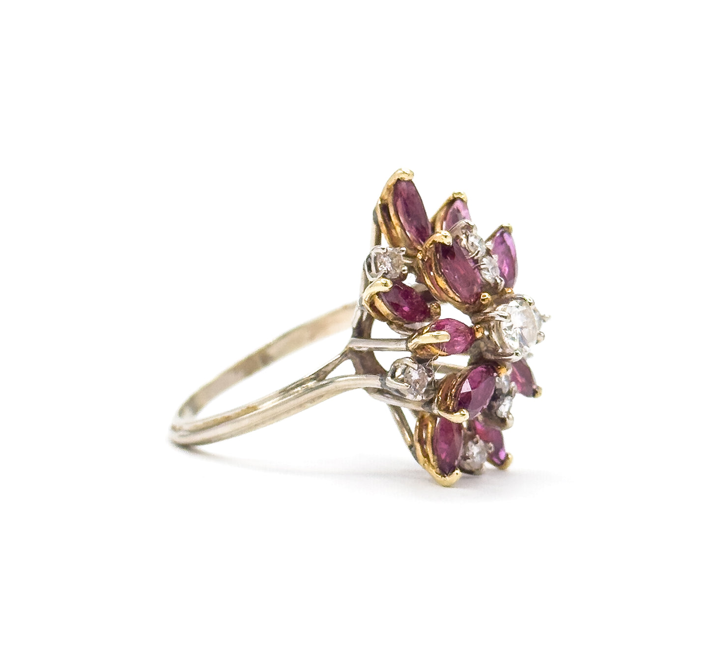Mid-Century Marquise Ruby & Diamond Cocktail Ring in 14K Gold